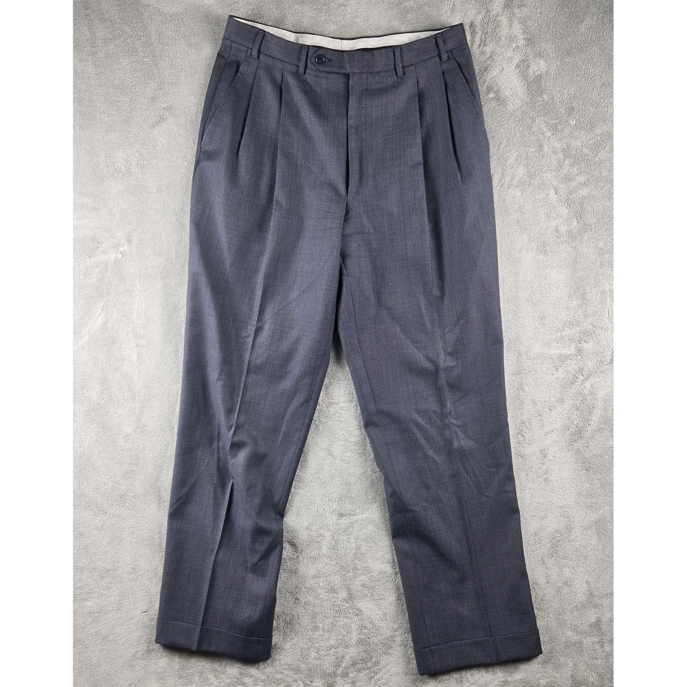 Canali Navy Pleated Birdeye Weave Dress Wool Pants Mens 34(32) Made in Italy